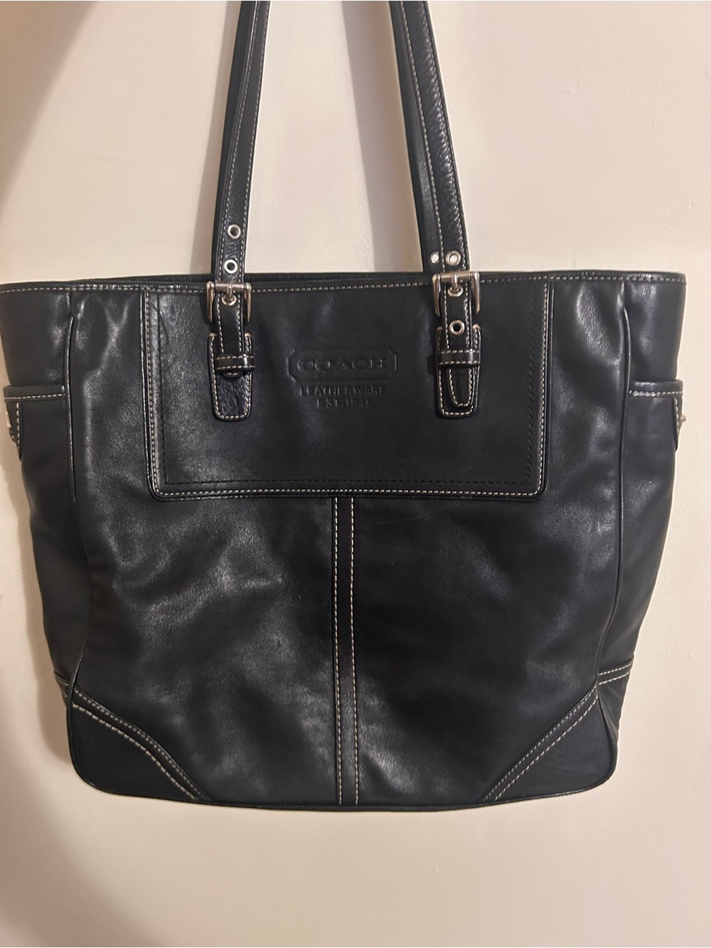 Coach Black Leather Tote with White Contrast Stitching